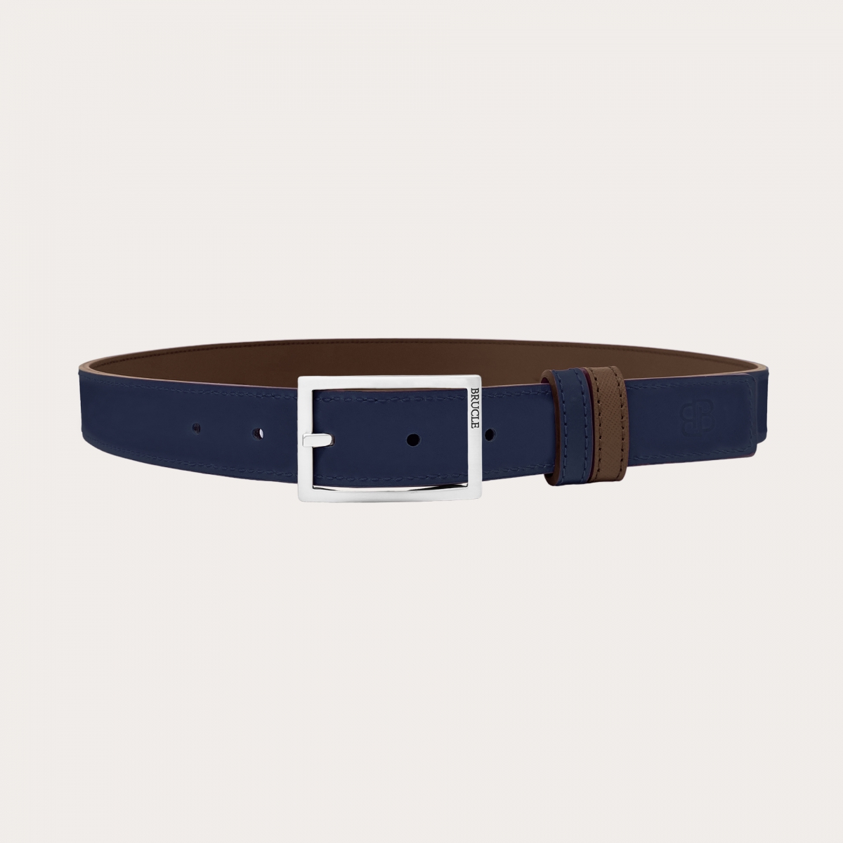 Ceinture réversible en saffiano brun foncé et cuir bleu, sans nickel
