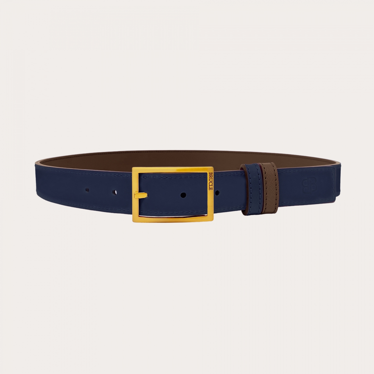 Cinturón reversible en Saffiano marron oscuro y piel azul