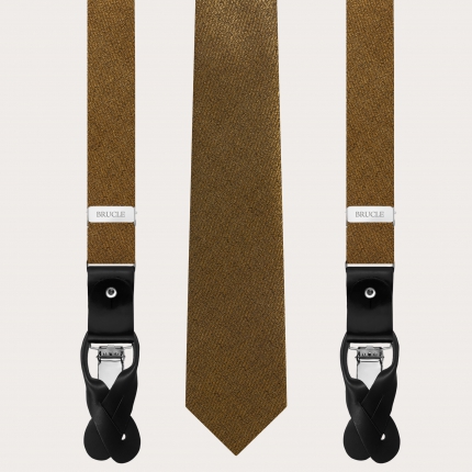 Elegante set di bretelle sottili e cravatta in seta jacquard oro iridescente