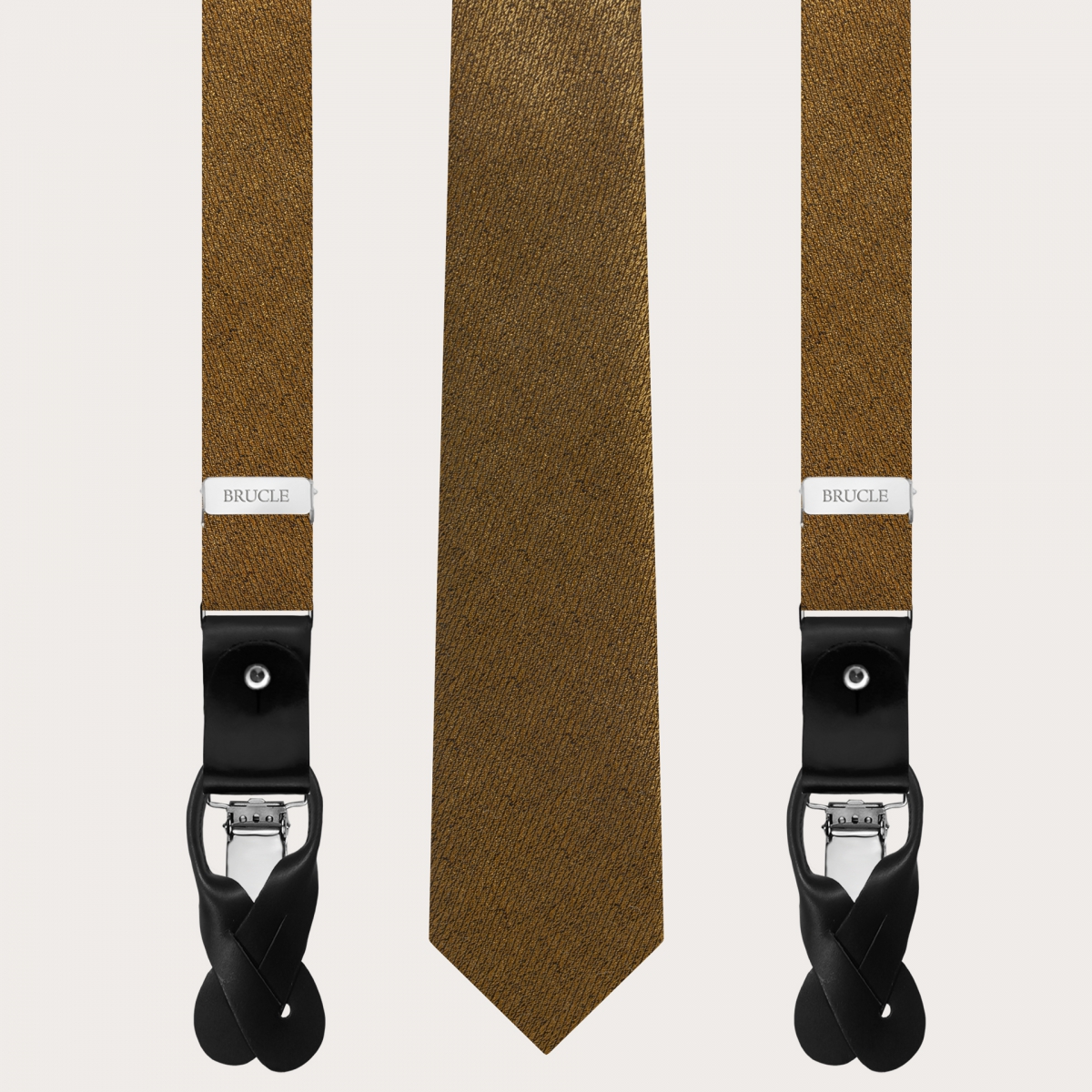 BRUCLE Elegante set di bretelle sottili e cravatta in seta jacquard oro iridescente