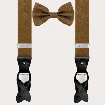 Set of suspenders and matching bow tie in fine gold jacquard silk