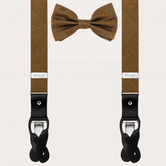 BRUCLE Jacquard silk thin suspenders with matching bow tie, iridescent gold