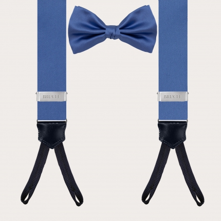 Matching set of suspenders with buttonholes and bow tie, light blue silk satin