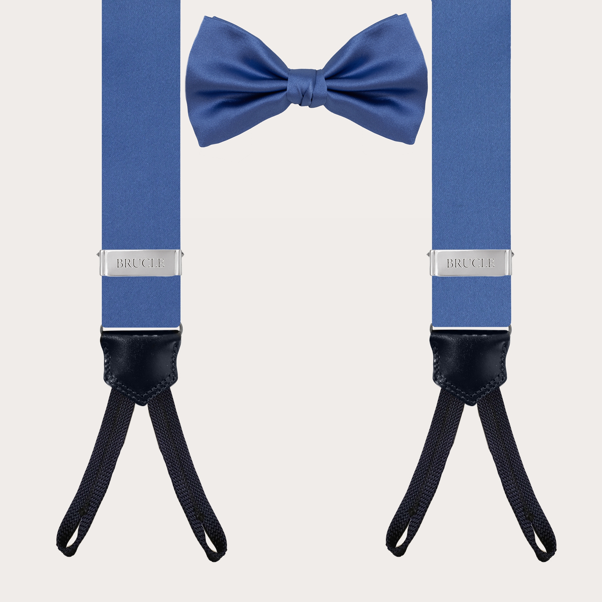 BRUCLE Matching set of suspenders with buttonholes and bow tie, light blue silk satin