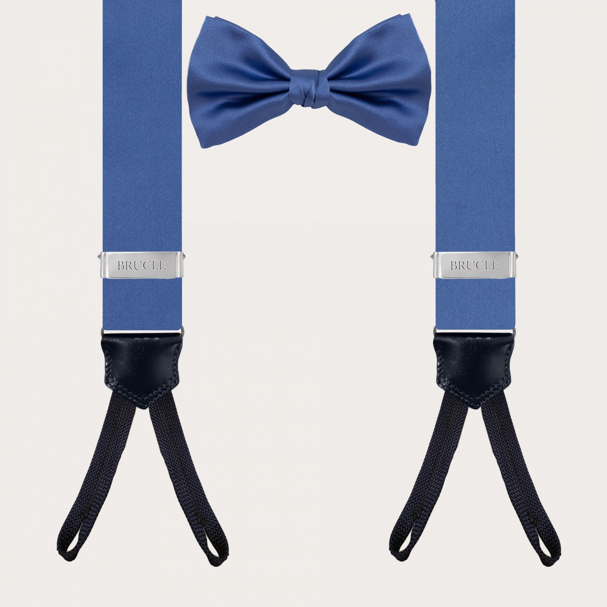 Navy Blue & Silver Paisley Suspenders with Matching Silk Bow Tie