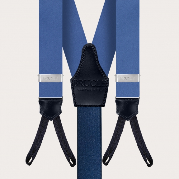 BRUCLE Matching set of suspenders with buttonholes and bow tie, light blue silk satin