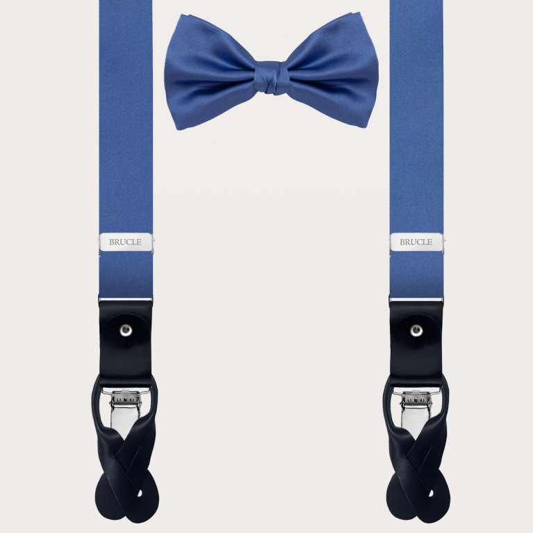 Set aus schmalen Hosenträgern und Fliege aus hellblauem Seidensatin