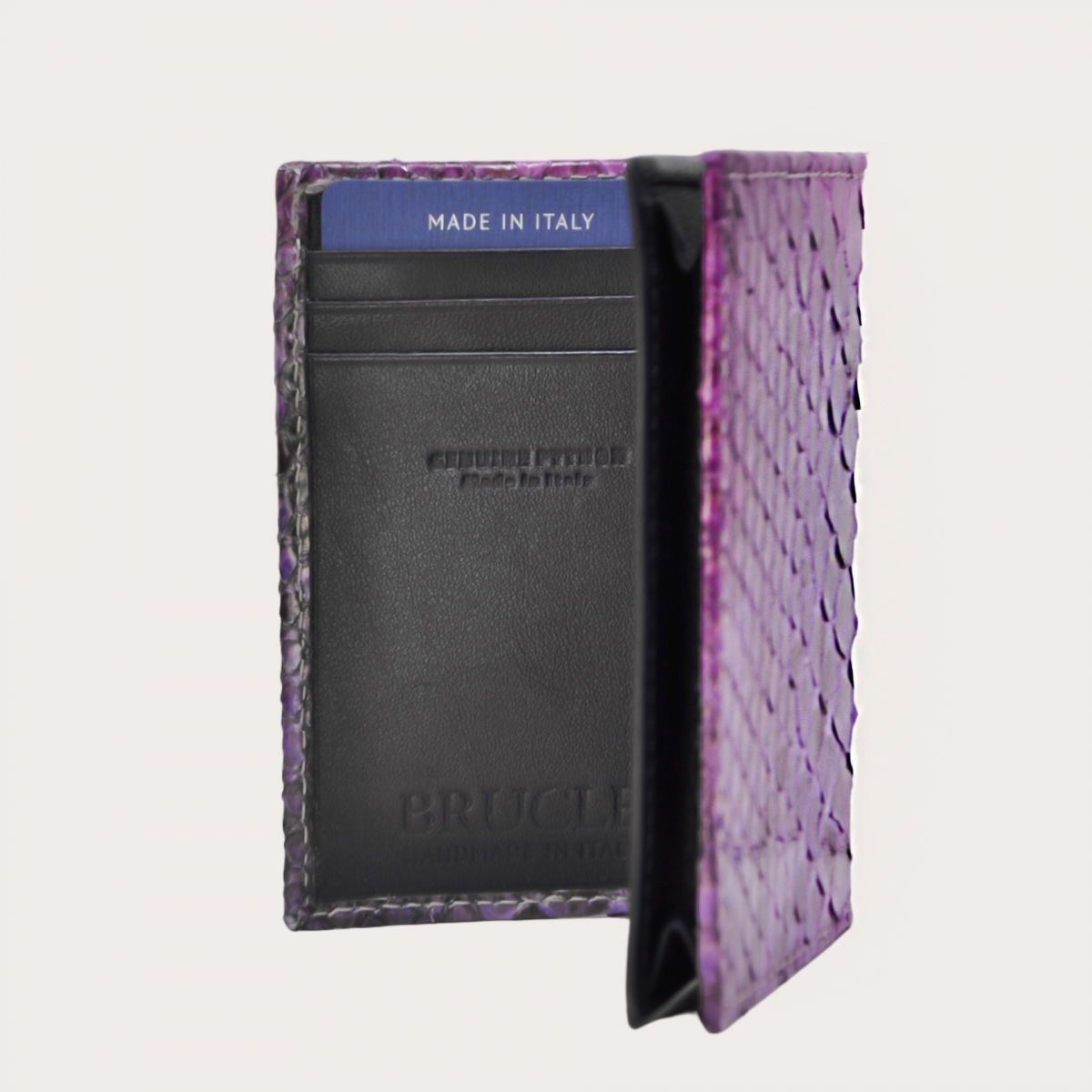 BRUCLE Porte-cartes de crédit en cuir de python, tons fuchsia et lilas