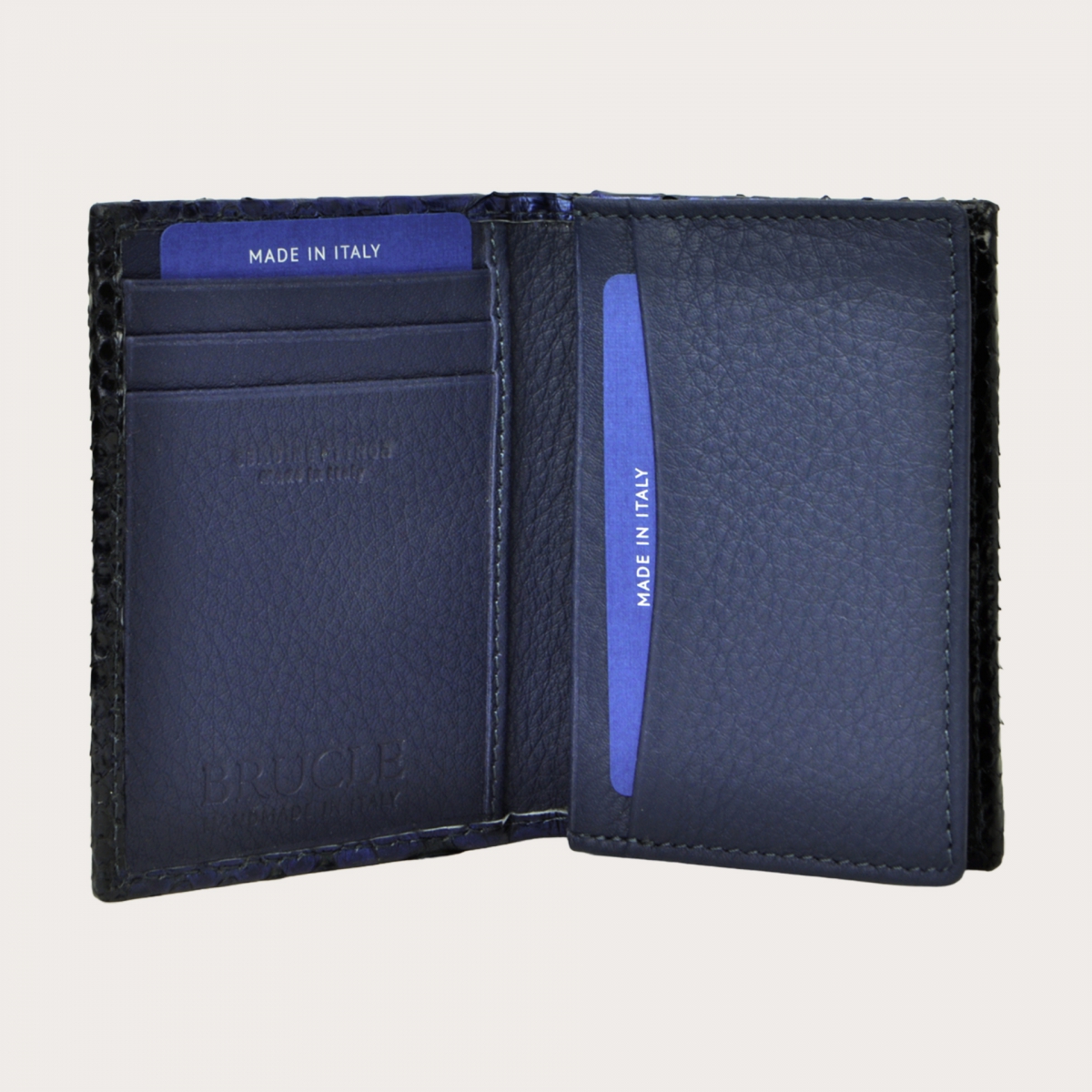 BRUCLE Credit card holder in python leather, black shaded blue