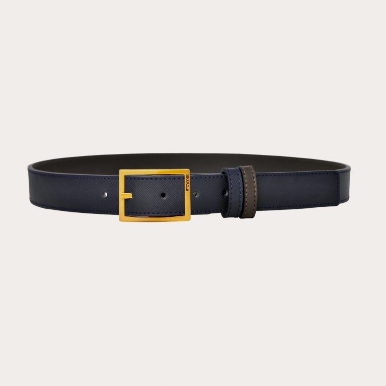 Ceinture réversible en saffiano bleu marine et cuir marron, sans nickel