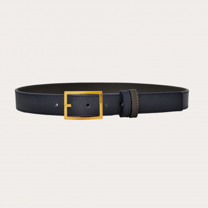 Ceinture réversible en saffiano bleu marine et cuir marron, sans nickel