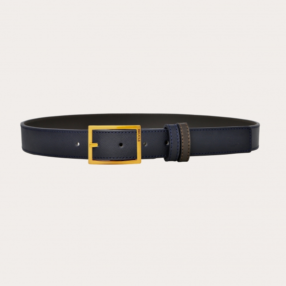 Reversible belt in blue navy saffiano and brown leather