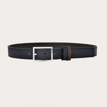 Ceinture réversible en saffiano bleu marine et cuir marron, sans nickel