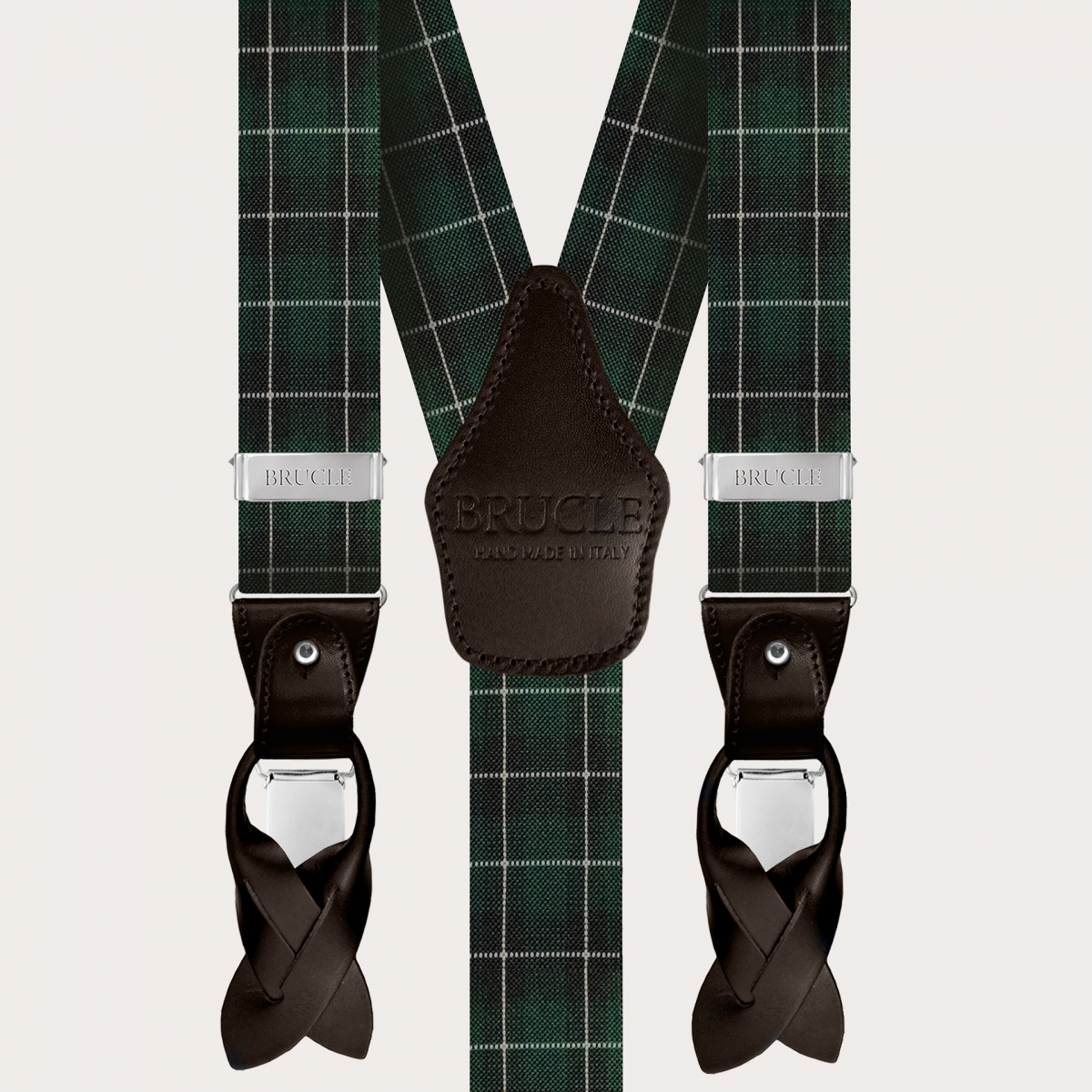 BRUCLE Elastic suspenders with green tartan pattern