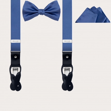Elegant set of thin suspenders, bow tie and pocket square in light blue silk satin