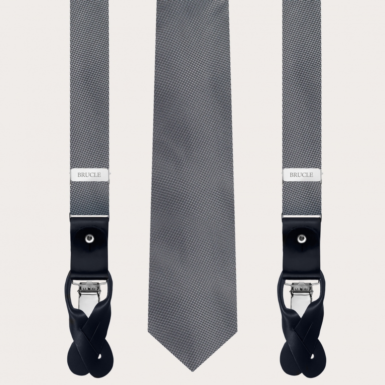 Conjunto de tirantes estrechos y corbata a juego en elegante seda gris topos