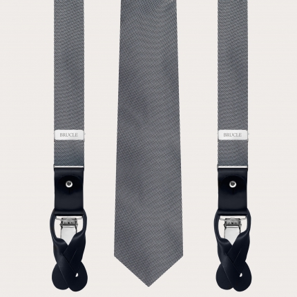 Coordinated set of thin suspenders and necktie in elegant grey dotted silk