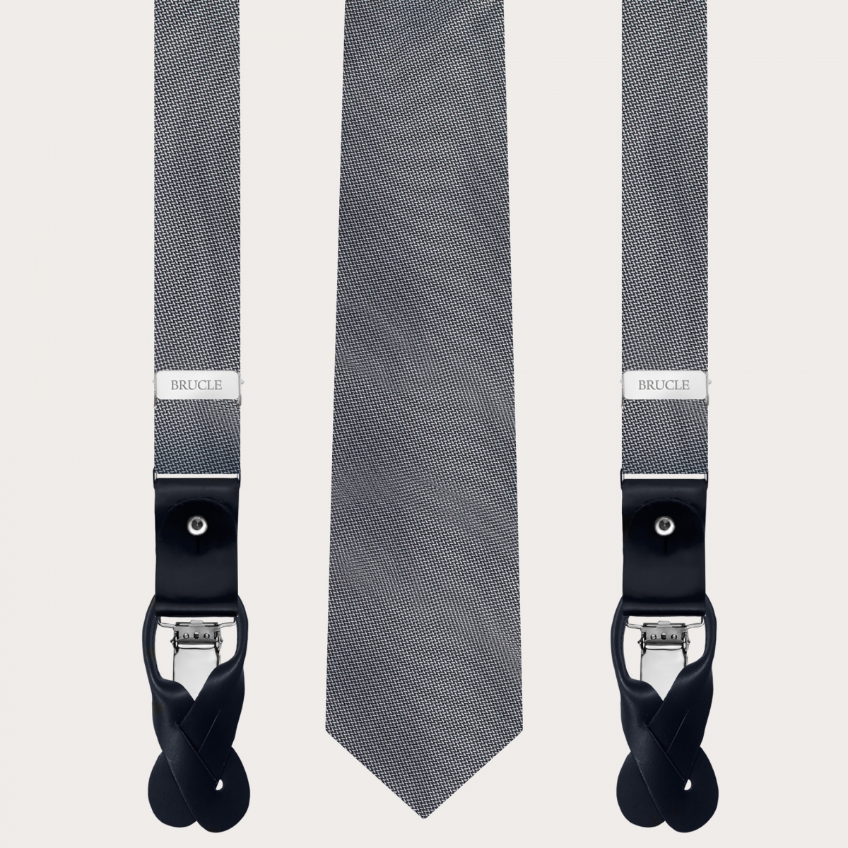 BRUCLE Set coordinato di bretelle sottili e cravatta in elegante seta grigia puntaspillo