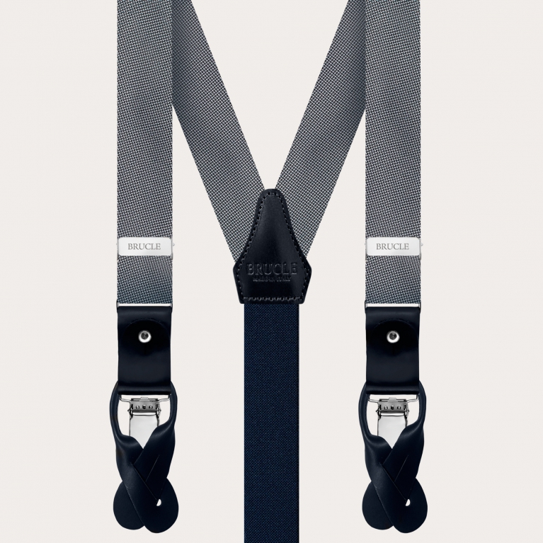 Coordinated set of thin suspenders and necktie in elegant grey dotted silk
