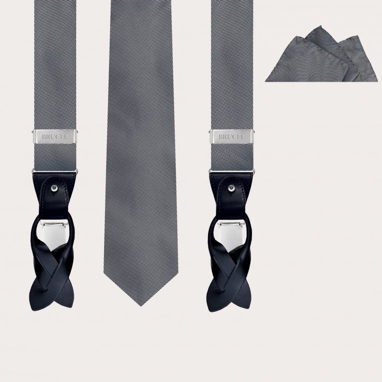 Ensemble complet de bretelles, cravate et pochette, soie grise à pois