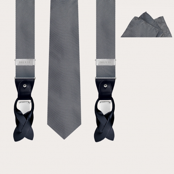 BRUCLE Juego completo de tirantes, corbata y pañuelo de bolsillo, seda gris punteada