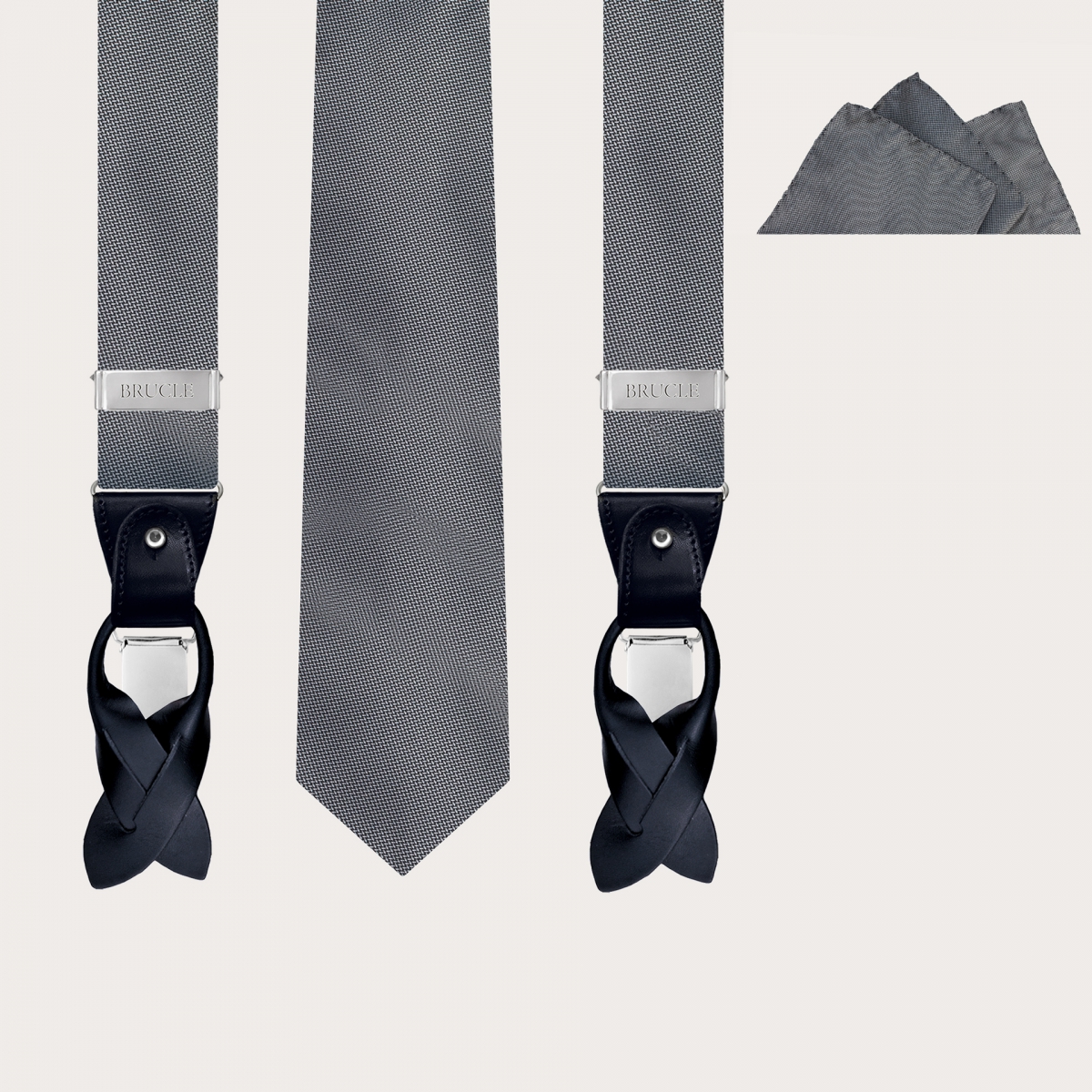 BRUCLE Complete set of suspenders, necktie and pocket square, dotted grey silk