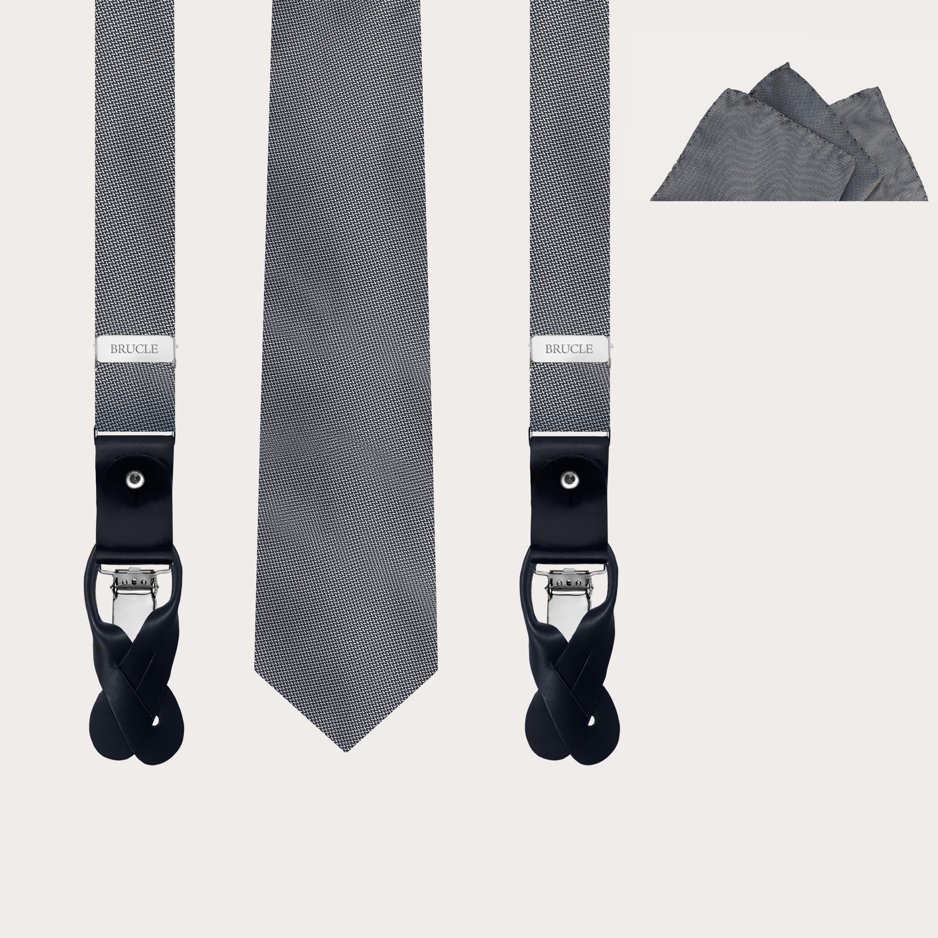 BRUCLE Komplettes Set aus dünne Hosenträgern, Krawatte und Einstecktuch, gepunktete graue Seide