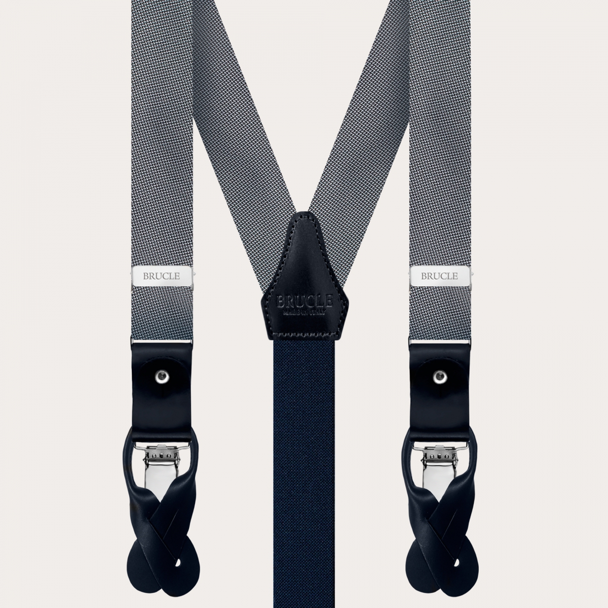 BRUCLE Complete set of thin suspenders, necktie and pocket square, dotted grey silk