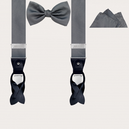 Complete set of suspenders, bow tie and pocket square, dotted grey silk