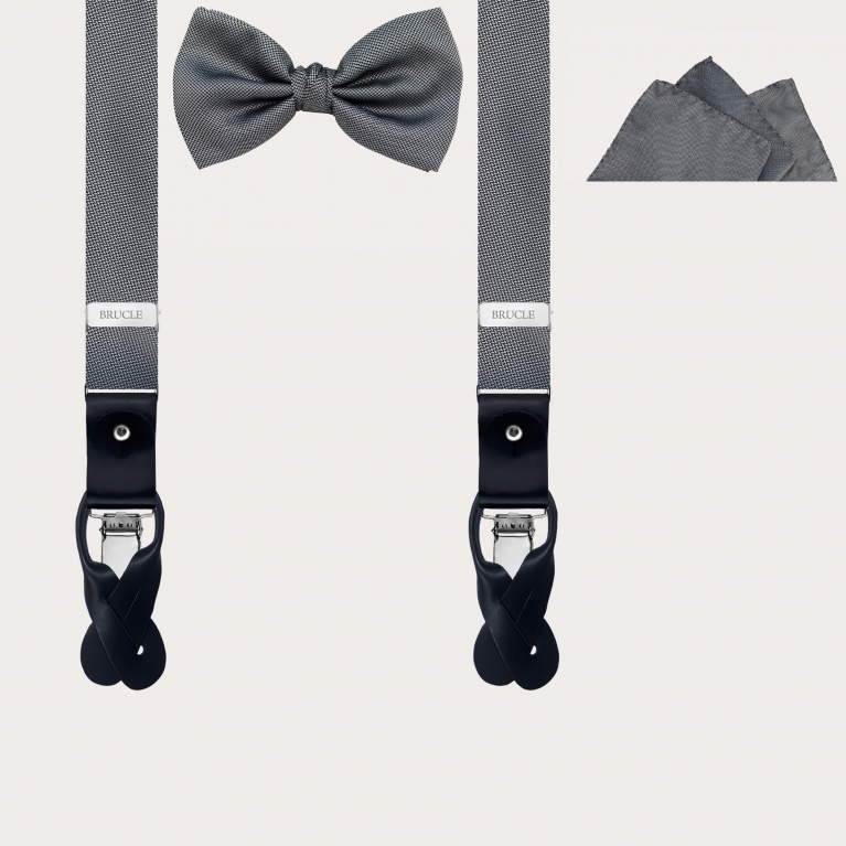Complete set of thin suspenders, bow tie and pocket square, dotted grey silk