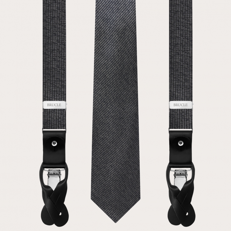 Ensemble bretelles fines et cravate en soie chinée noire et argentée brillante