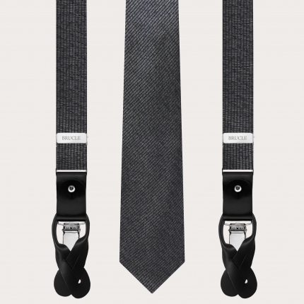 Set of thin suspenders and necktie in bright black and silver melange silk