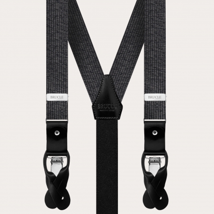 Set of thin suspenders and necktie in bright black and silver melange silk