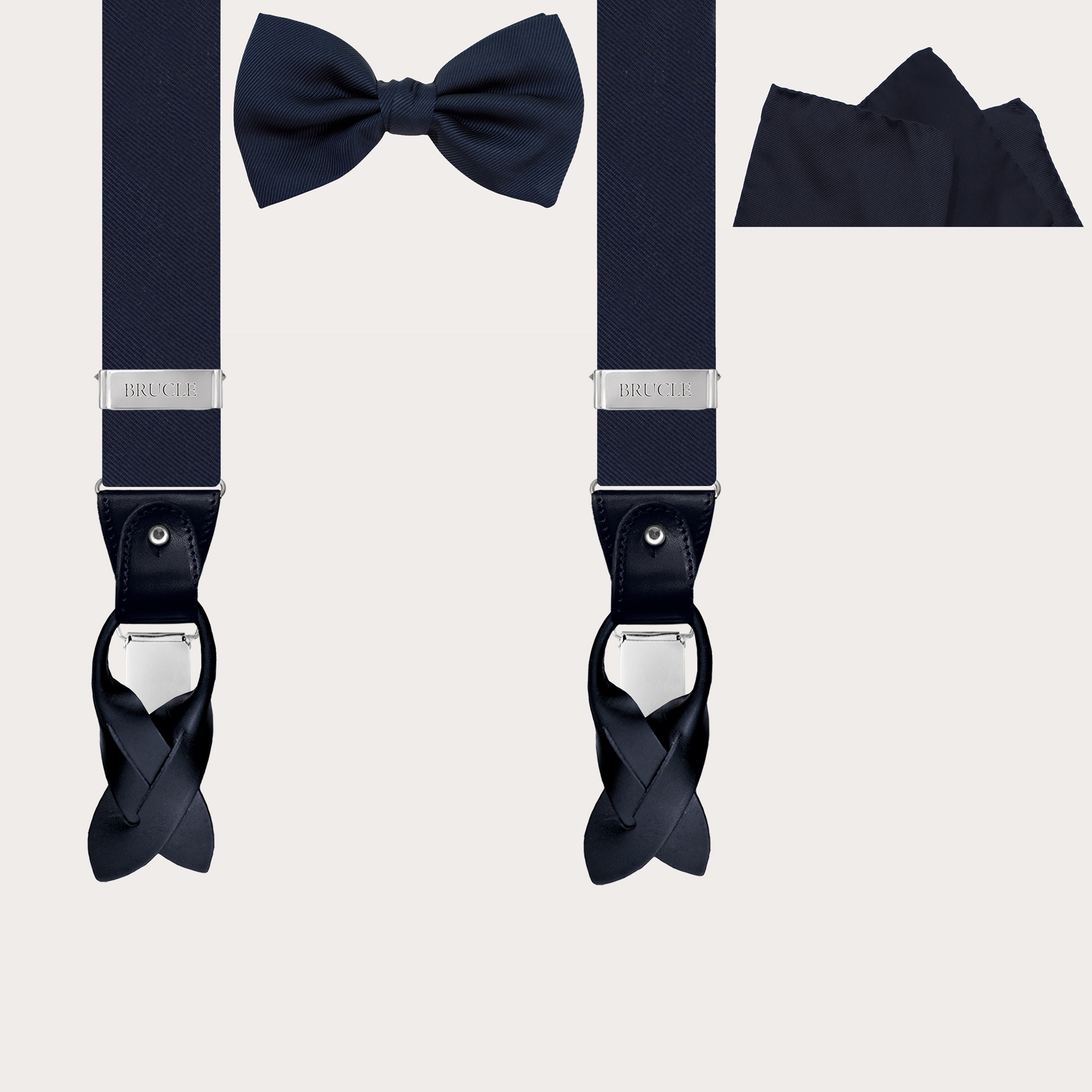 BRUCLE Navy blue formal set, suspenders, bow tie and pocket square in jacquard silk