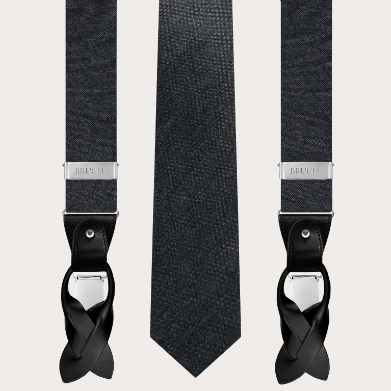 Refined set of melange grey suspenders with matching necktie in silk