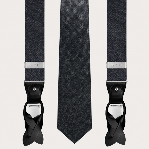 BVRUCLE Refinado conjunto de tirantes gris melange con corbata a juego en seda