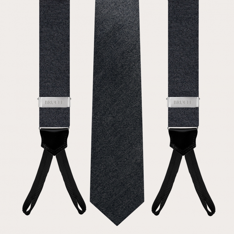 Raffinato set da uomo di bretelle con asole e cravatta grigio melange