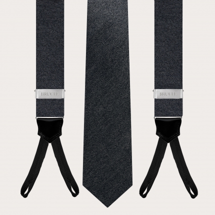 Refined men's set of suspenders with buttonholes and necktie, grey melange