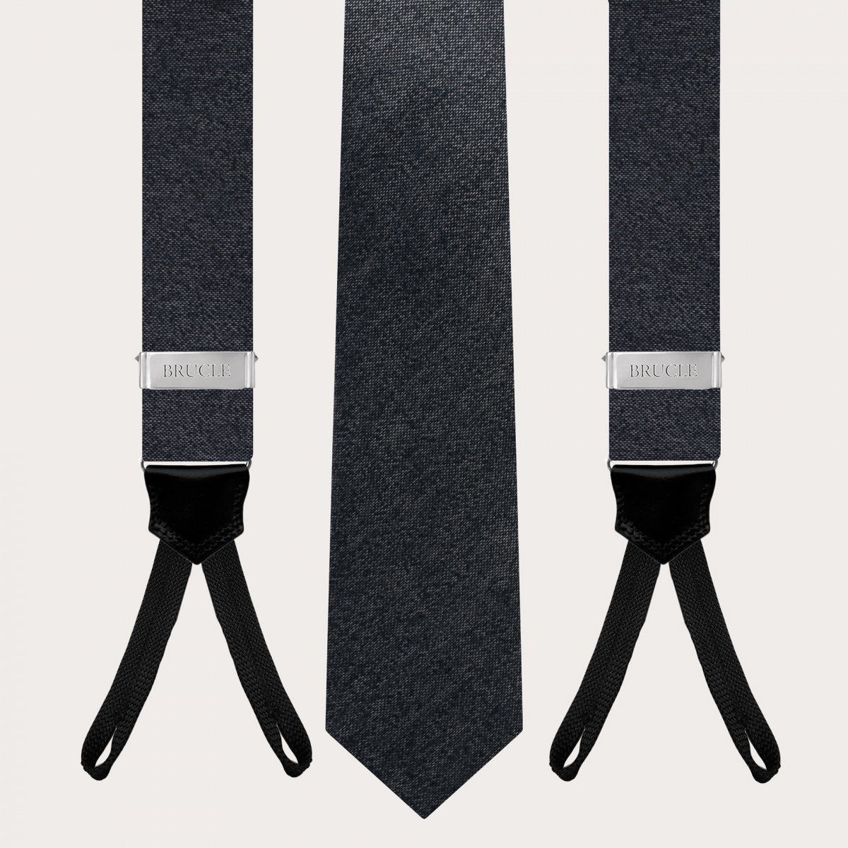 BRUCLE Ensemble homme raffiné de bretelles avec boutonnières et cravate, gris chiné