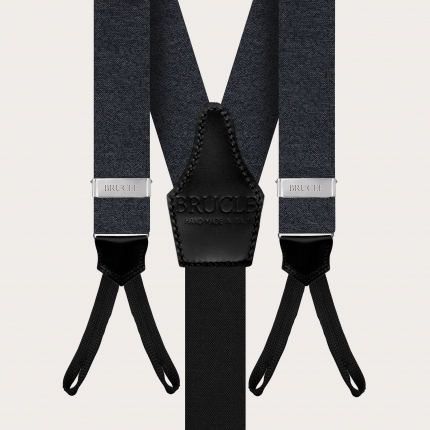Refined men's set of suspenders with buttonholes and necktie, grey melange