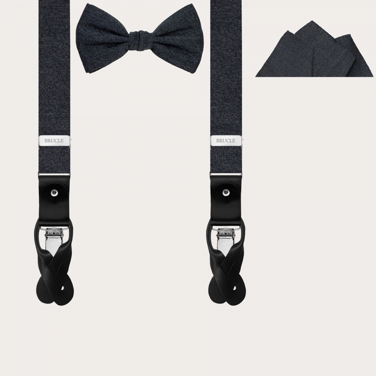 elegant silk set of suspenders bow tie and pocket square in melange dark gray