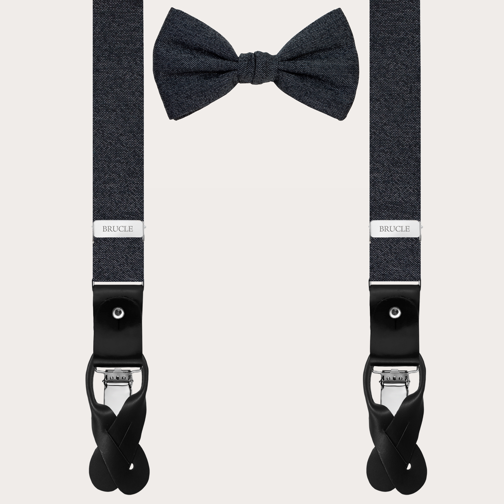 BRUCLE Suspenders and bow tie in melange grey silk