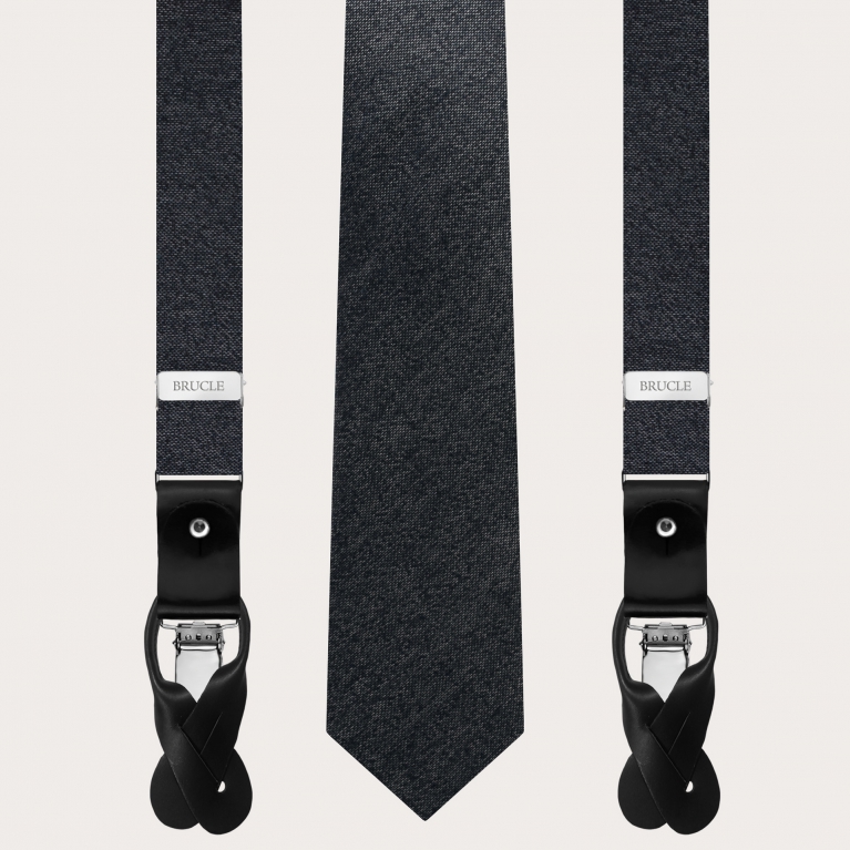Dünne Hosenträger und Krawatte aus graumelierter Seide