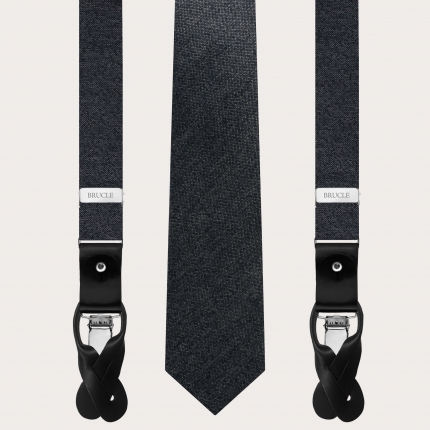 Thin suspenders and necktie in grey melange silk