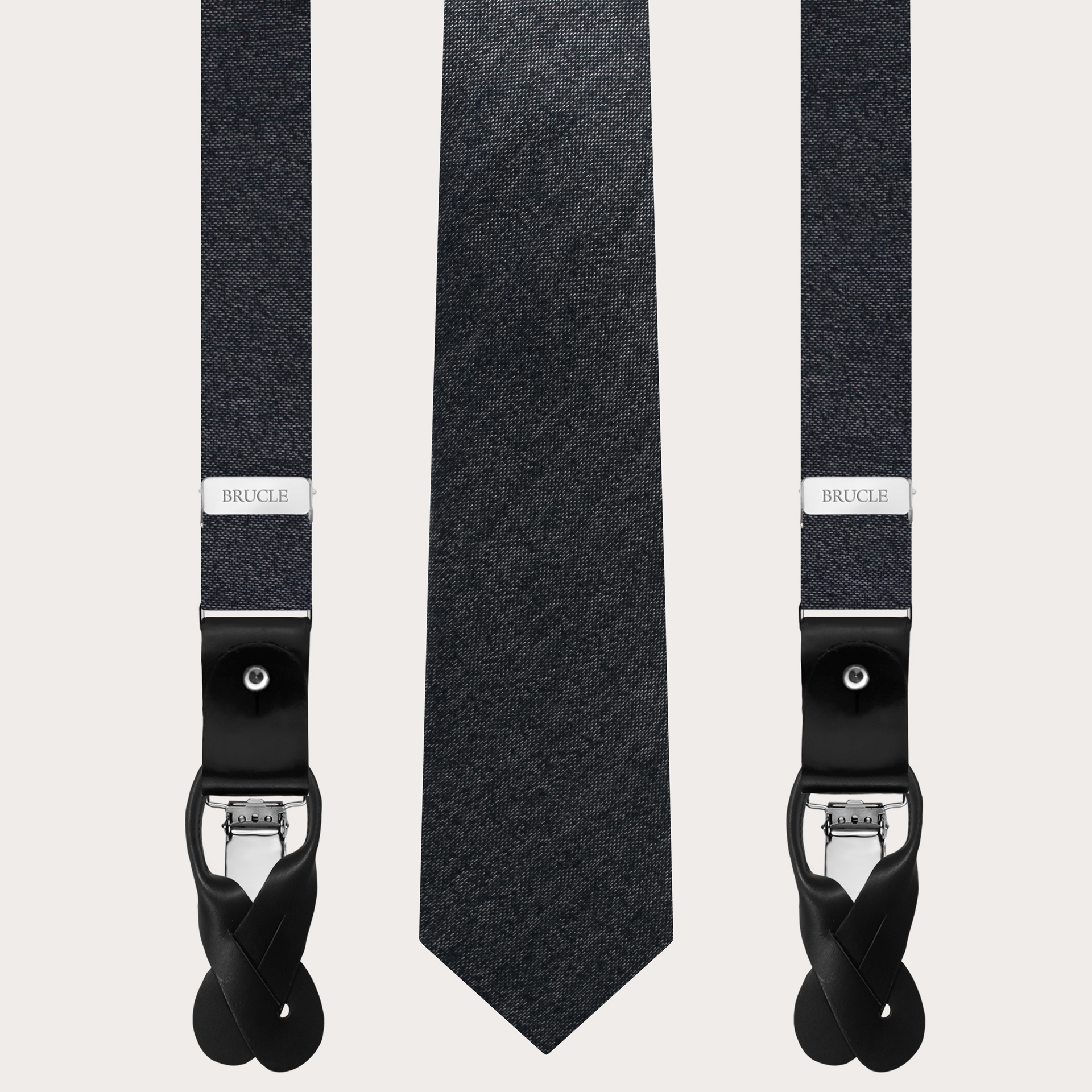 BRUCLE Fines bretelles et cravate en soie gris chiné