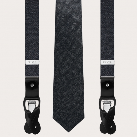 BRUCLE Tirantes finos y corbata de seda gris jaspeado