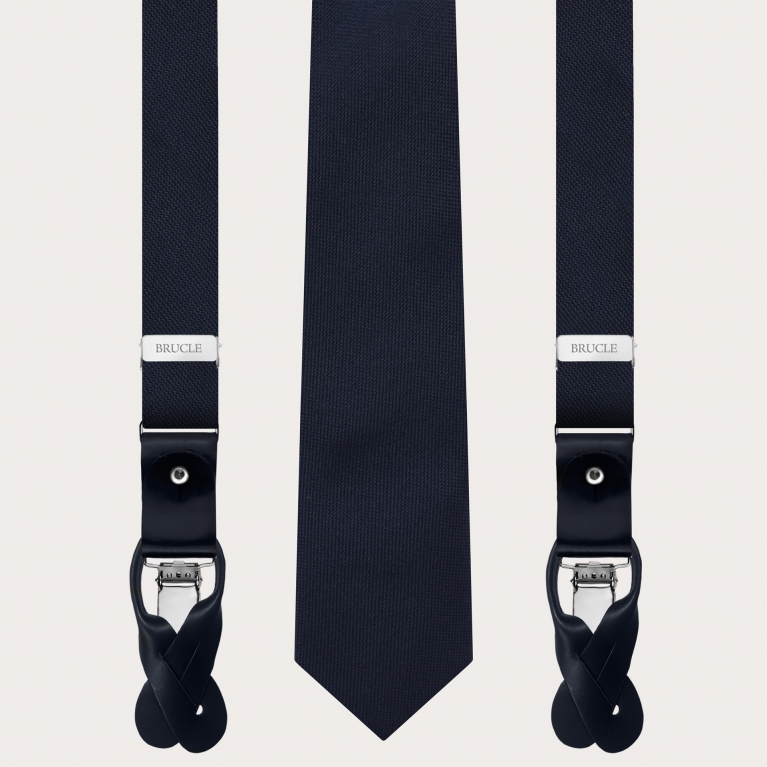 Dünne Hosenträger und Krawatte aus marineblauer Seide
