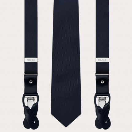 Bretelle sottili e cravatta in seta blu navy
