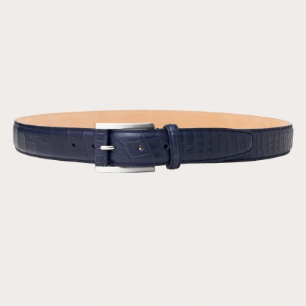 Exclusive blue alligator leather belt with covered buckle