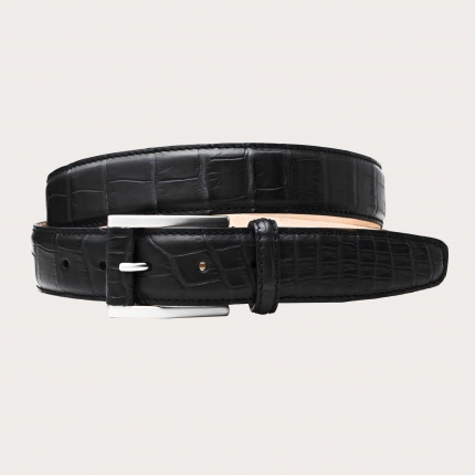 Exclusive black alligator leather belt with covered buckle